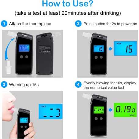 Mayybei Éthylotest Électronique Portable – Alcootest Professionnel Semi-conducteur avec Écran LCD, Alarme et 20 Embouchures