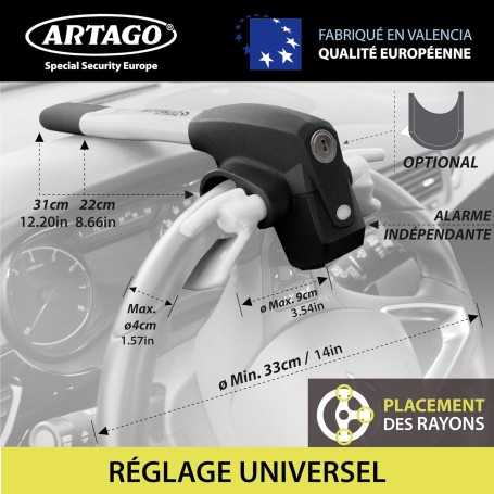 ARTAGO 870 Antivol Voiture Haut de Gamme 2-en-1 avec/sans Alarme 120 dB + LED