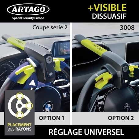 ARTAGO 870 Antivol Voiture Haut de Gamme 2-en-1 avec/sans Alarme 120 dB + LED