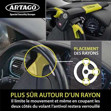 ARTAGO 870 Antivol Voiture Haut de Gamme 2-en-1 avec/sans Alarme 120 dB + LED