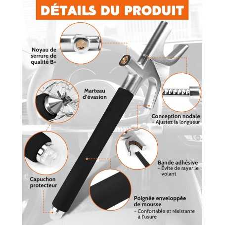 Tevlaphee Canne Antivol Voiture – Dispositif Anti-Vol Robuste avec Marteau de Sécurité d’Urgence (Noir)