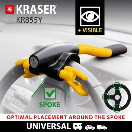 KRASER KR855Y Car Steering Wheel Lock – High Visibility, Quick Keyless Locking, Universal Anti-Theft Device (Yellow)