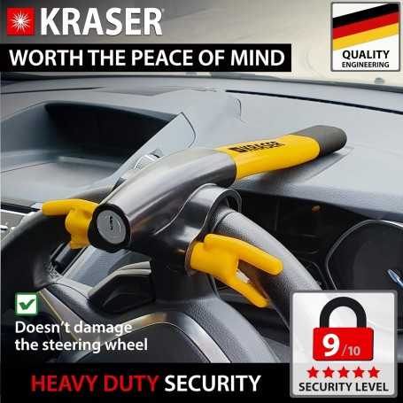 KRASER KR855Y Car Steering Wheel Lock – High Visibility, Quick Keyless Locking, Universal Anti-Theft Device (Yellow)