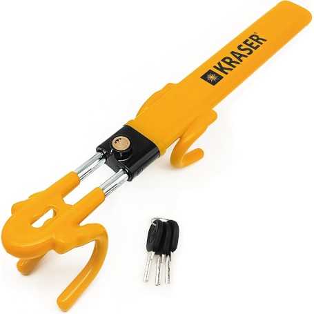 KRASER KR842Y – High-Security Double-Bar Car Steering Wheel Lock with Anti-Scratch Hooks, Universal Anti-Theft Device