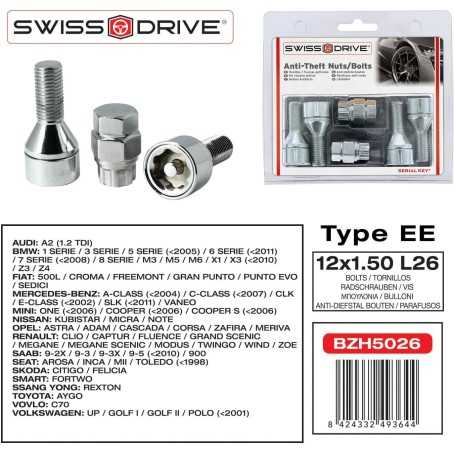 Jeu de 4 Vis Antivol pour Jantes Auto 12x1.50 L26 + 2 Clés avec Numéro de Série – Protection Sécurisée des Roues