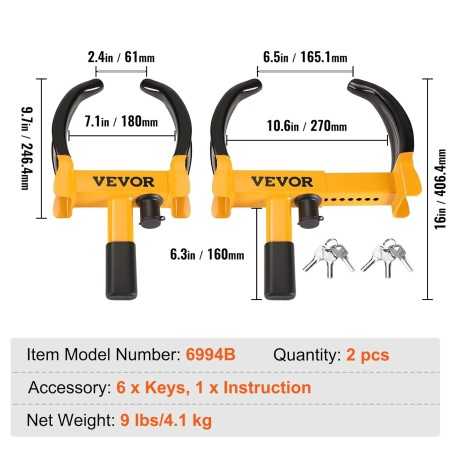 VEVOR Universal Car Wheel Lock – Set of 2 Adjustable Anti-Theft Clamps (180–270 mm)