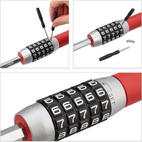 Relaxdays Car Steering Wheel Lock — Adjustable Steel Anti-Theft Bar with 5-Digit Code • Car, Camper, Van • Black/Red