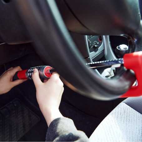 Relaxdays Car Steering Wheel Lock — Adjustable Steel Anti-Theft Bar with 5-Digit Code • Car, Camper, Van • Black/Red