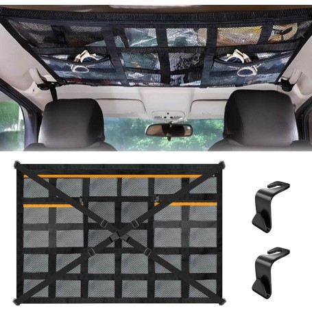 Car Storage Net, 90×65cm Car Roof Storage Net with 3 Zippered Pockets