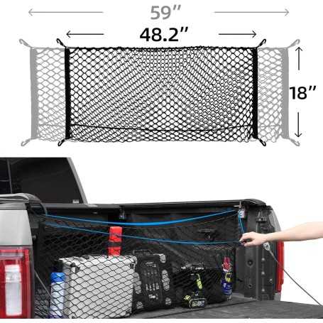 Elastic Storage Net with Hooks for Truck Bed – Cargo Organizer and Grocery Holder