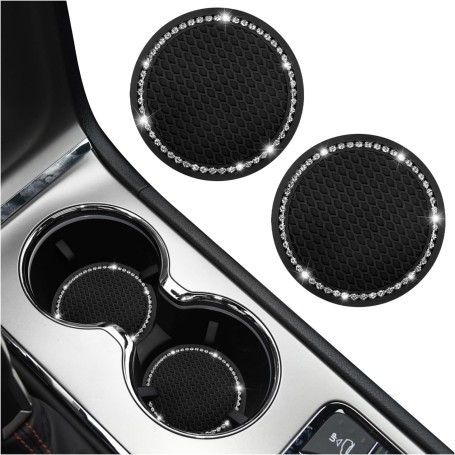 2PCS Car Coasters with Rhinestone – Non-Slip Universal Cup Holder Accessories for Trucks, SUVs, Cars