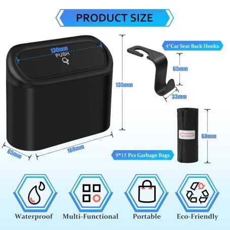 Lot de 2 Mini Poubelles de Voiture Étanches avec Couvercle + 135 Sacs
