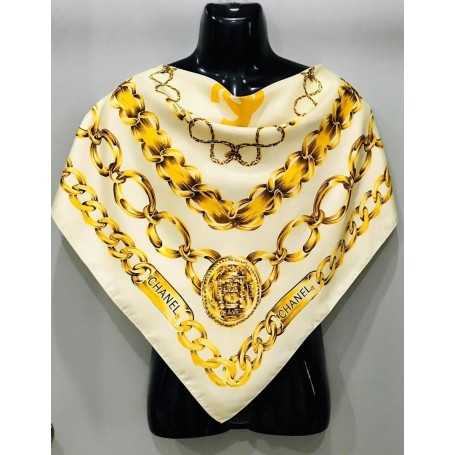 CHANEL GOLD CHAIN CREAM COLOR SCARF NECKERCHIEF