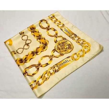 CHANEL GOLD CHAIN CREAM COLOR SCARF NECKERCHIEF