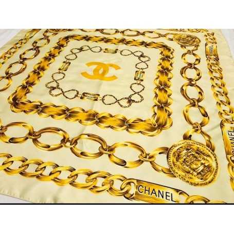 CHANEL GOLD CHAIN CREAM COLOR SCARF NECKERCHIEF