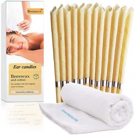 Bougies d'oreille - cire d'abeille - Standard pour thérapeute naturel bio avec serviette de qualité (12 pcs blanc)