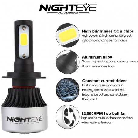 NIGHTEYE 2X 72W 9000LM H7 LED Headlight Auto Car Lamp Lights Conversion Bulb Light 6500K