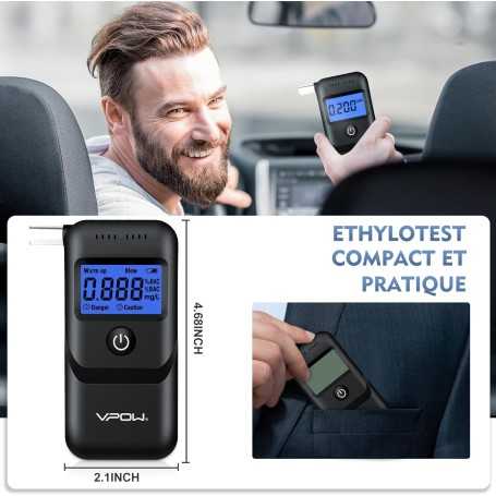 VPOW Éthylotest Électronique – Alcootest avec Écran LCD Bleu – Haute Précision – Usage Personnel et Professionnel – Noir Foncé