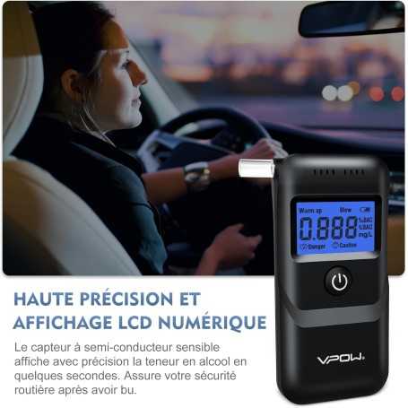 VPOW Éthylotest Électronique – Alcootest avec Écran LCD Bleu – Haute Précision – Usage Personnel et Professionnel – Noir Foncé