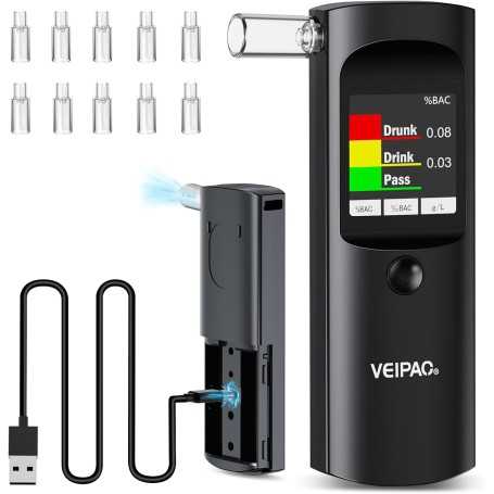 VEIPAO Éthylotest Électronique Homologué NF – Éthylomètre Portable Haute Précision avec 11 Embouts Buccaux Réutilisables
